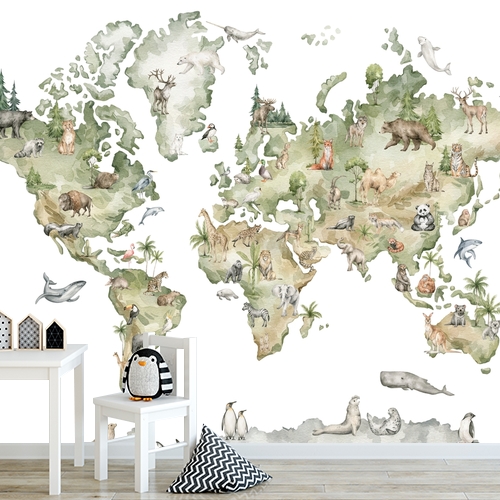 Papier peint personnalisable Carte du monde aquarelle avec les animaux de la terre et de la mer