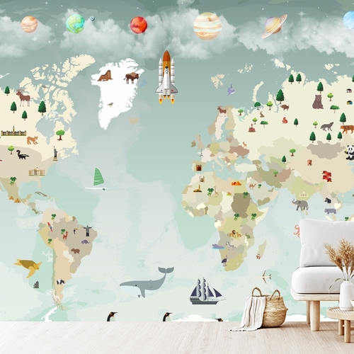 Papier peint personnalisable Carte du monde planètes et animaux