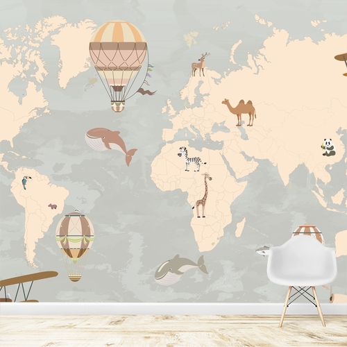 Papier peint personnalisable Carte du monde pour enfants avec des avions et des montgolfières