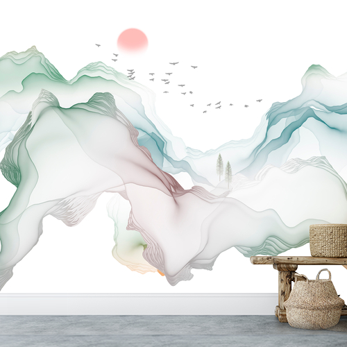 Papier peint personnalisable Conception abstraite d'un paysage et d'une rivière à l'encre