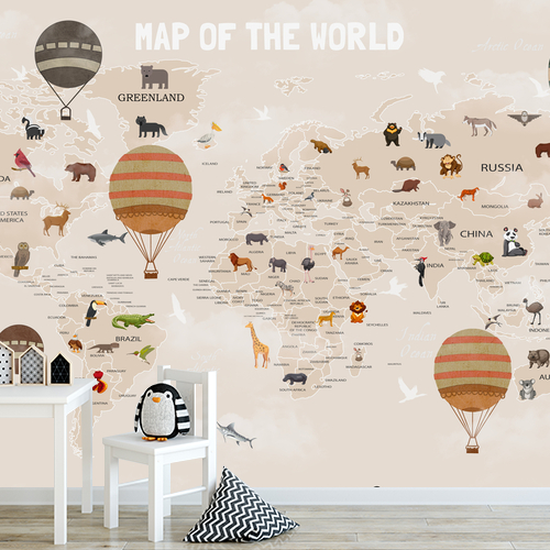 Papier peint personnalisable Animal and Balloons Map World For Kids