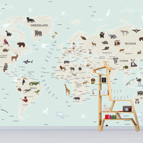 Papier peint personnalisable Animal Map World For Kids bleu clair