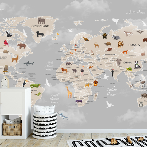 Papier peint personnalisable Animal Map World For Kids bleu