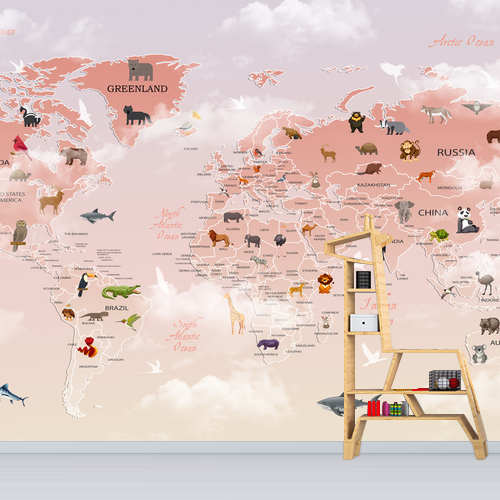 Papier peint personnalisable Animal Map World For Kids rose