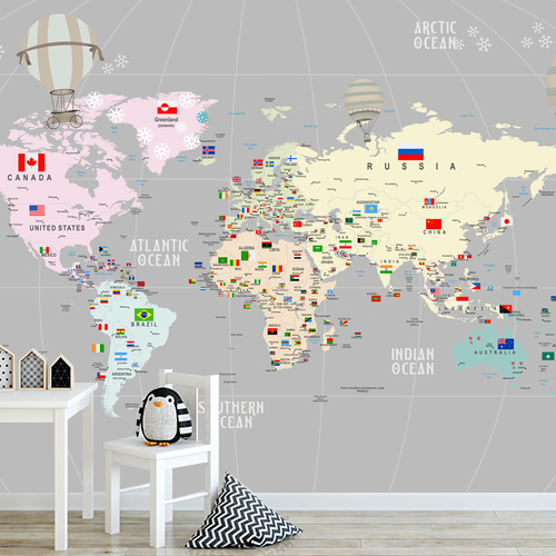 Papier peint personnalisable Animal Map World For Kids with Flags