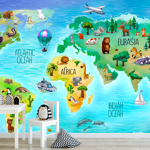 Papier peint personnalisable Carte du monde pour enfants avec la faune des continents