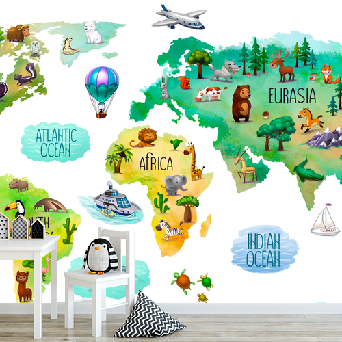 Papier peint personnalisable Carte du monde pour enfants avec les animaux des continents
