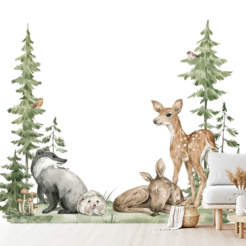 Papier peint personnalisable Composition aquarelle avec des animaux forestier dans la nature boisée