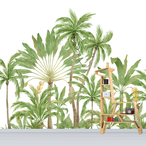 Papier peint personnalisable Composition aquarelle avec palmiers cocotiers et bananiers