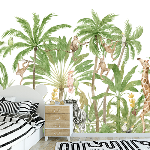 Papier peint personnalisable Composition aquarelle avec palmiers et animaux de la savane