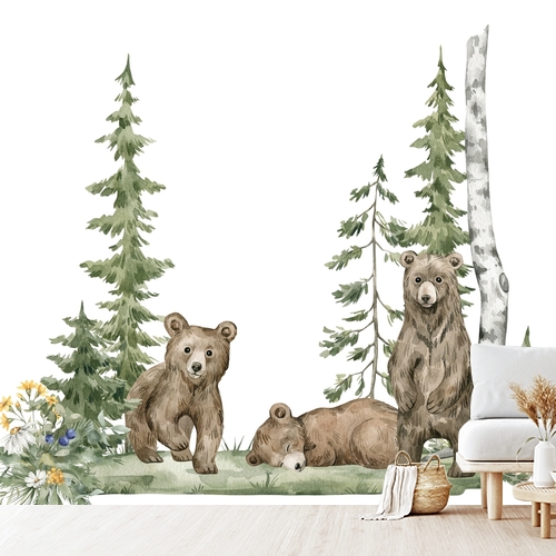 Papier peint personnalisable Composition aquarelle bébés ours dans la forêt