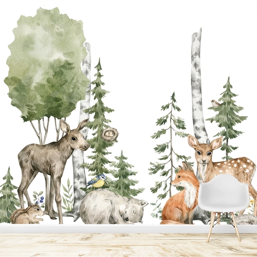 Papier peint personnalisable Composition aquarelle des animaux forestiers dans la verdure