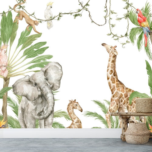 Papier peint personnalisable Composition aquarelle éléphant girafe singes perroquets et palmiers