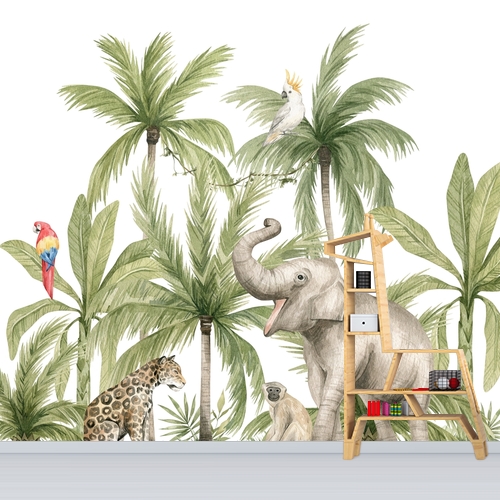 Papier peint personnalisable Composition aquarelle éléphant panthère et singe