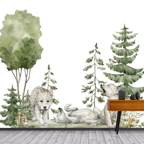 Papier peint personnalisable Composition aquarelle la famille loups