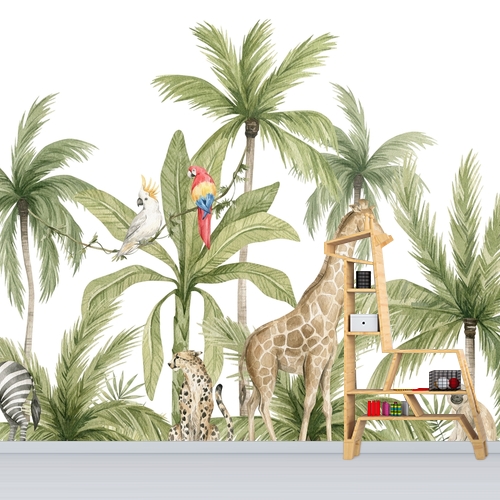 Papier peint personnalisable Composition aquarelle safari et verdure tropicale