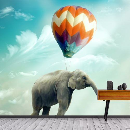 Papier peint personnalisable Éléphant volant en montgolfière