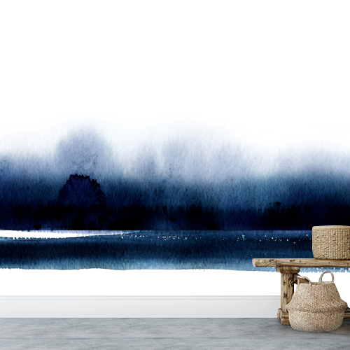 Papier peint personnalisable Forêt du lac aquarelle bleue