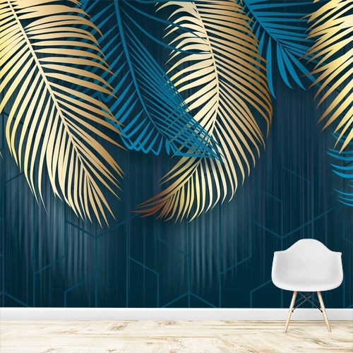 Papier peint personnalisable Fresque murale palmes bleues