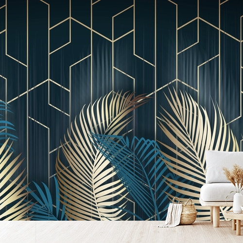 Papier peint personnalisable Fresque murale palmes dorées