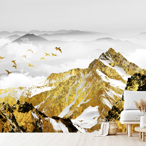 Papier peint personnalisable Golden Moutains and Birds Landscape