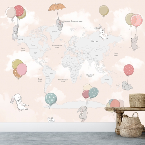 Papier peint personnalisable Illustration carte du monde et animaux volants en ballon