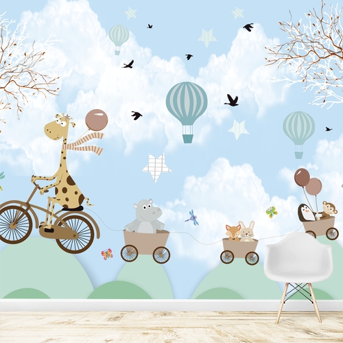 Papier peint personnalisable La girafe sur son vélo avec ses amis les animaux