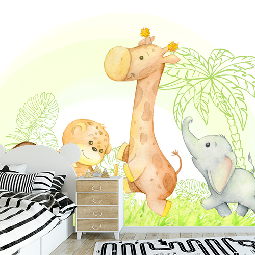 Papier peint personnalisable Les meilleurs amis singe léopard girafe et éléphant 