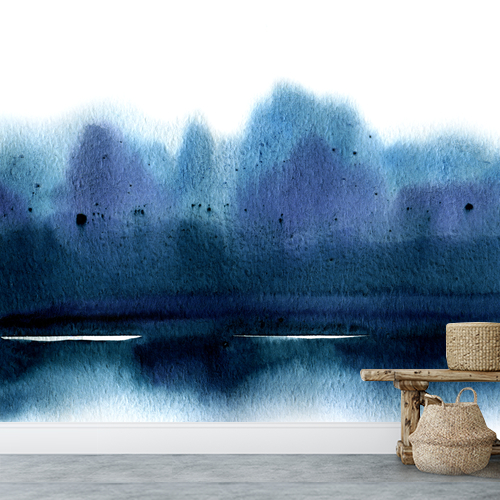 Papier peint personnalisable Montagnes du lac aquarelle bleue