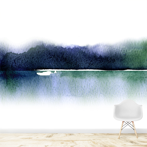 Papier peint personnalisable Paysage aquarelle la fôret et le lac