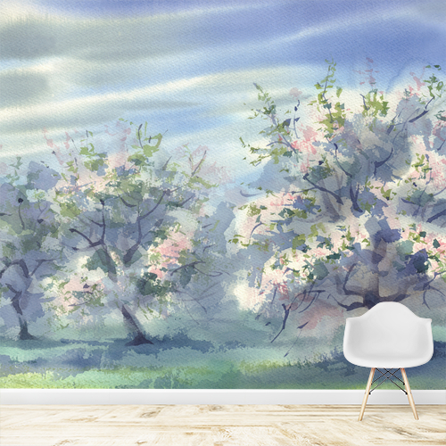 Papier peint personnalisable  Paysage de printemps à l'aquarelle