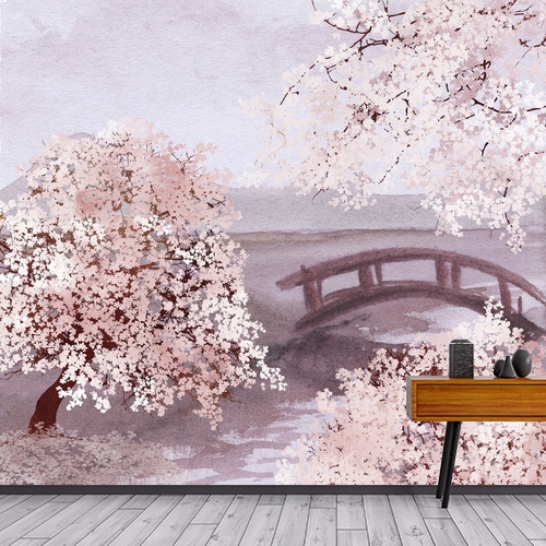 Papier peint personnalisable Sakura Blooming Trees Bridge
