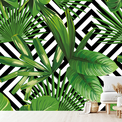 Papier peint géométrique modèle feuilles exotiques